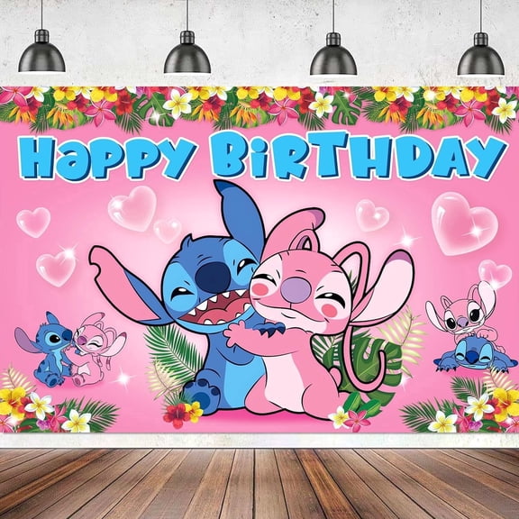 Pink Alien Couple Happy Birthday Backdrop, 5x3FT Tropical Flower Themed Party Banner for Photo Booth & Decoration