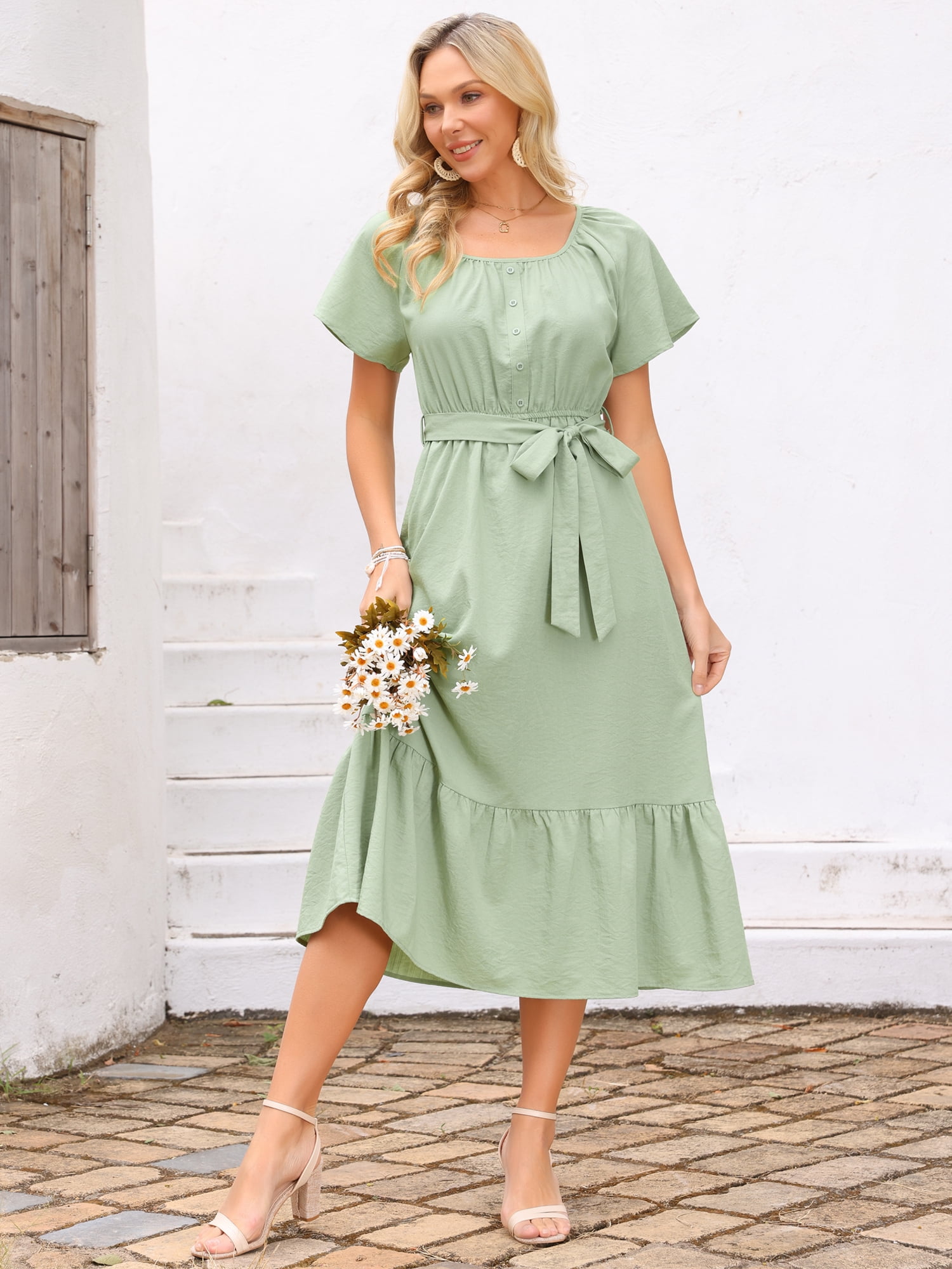 DARING DIVA Women's Flutter Short Sleeve Maxi Dress with Tie Waist XL Light Green