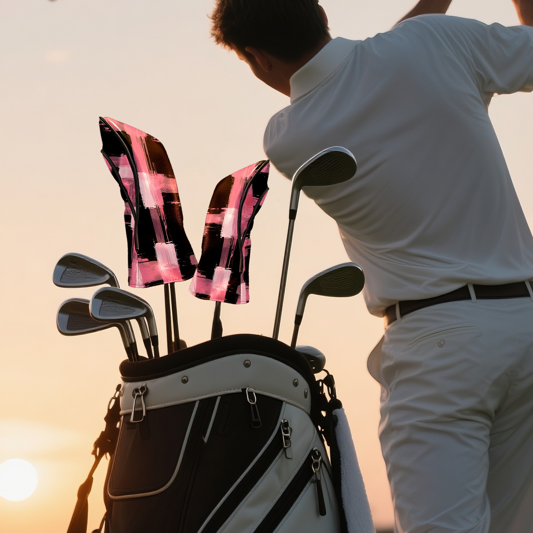 Golf Club Covers PU Leather Waterproof Head Covers for Fairway Woods Hybrids Gradient Grid