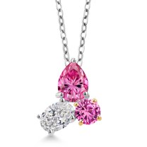 925 Silver and 10K Yellow Gold Pink Moissanite and Lab Grown Diamond and Created Sapphire Pendant Necklace for Women | 2.37 Cttw | Pear Shape 8X6MM | Oval 7X5MM | Round 5MM | with 18 inch Chain