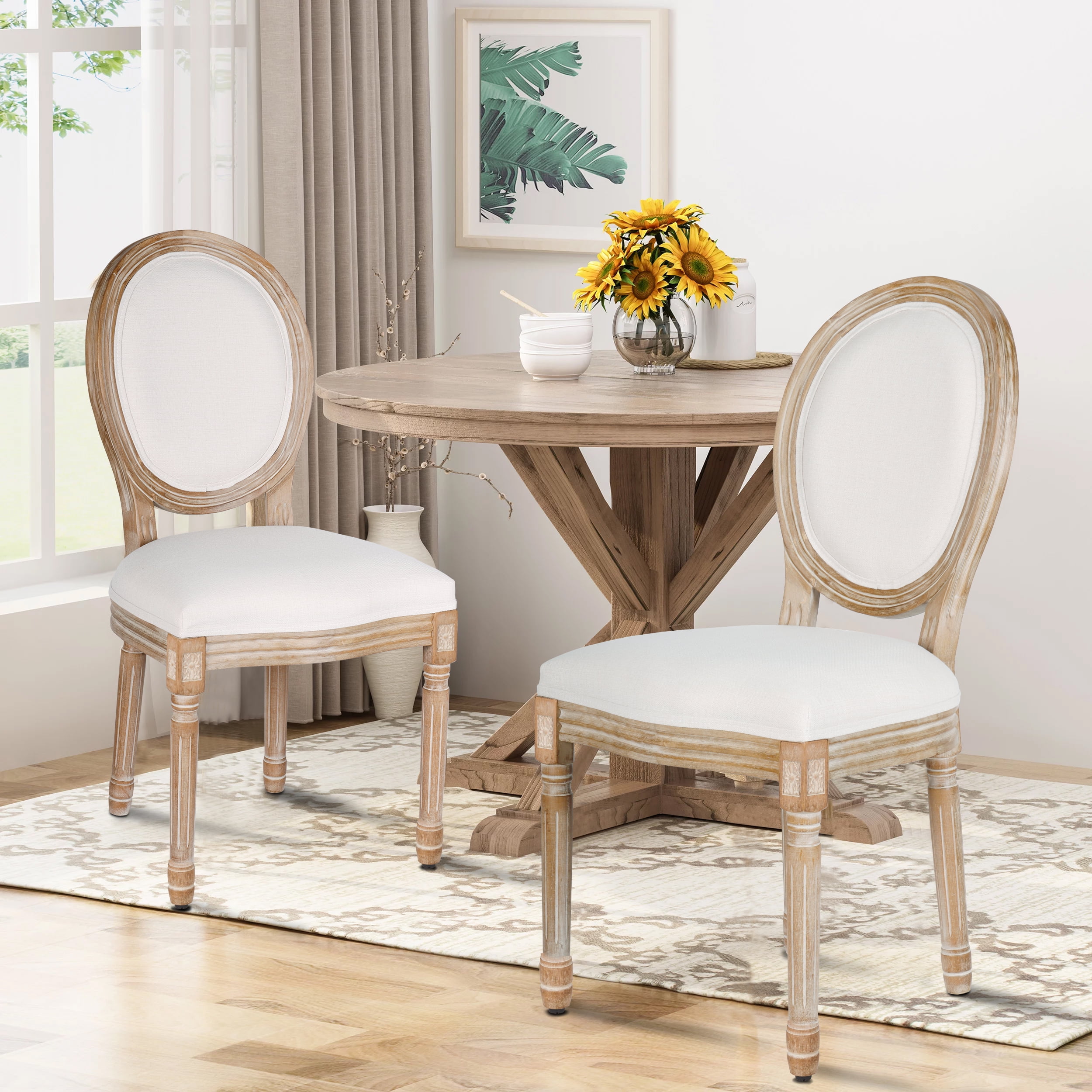 French Dining Chairs Set of 4 Beige Natural Fabric Round Back with Solid Wood Legs and Frame for Bedroom Dining Room Kitchen