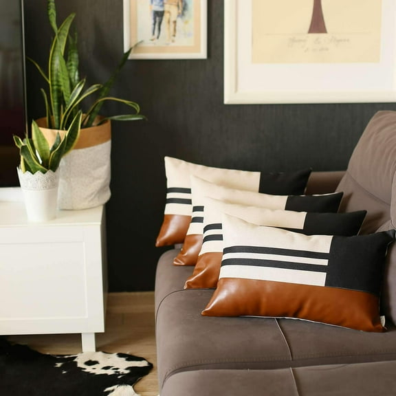 Bohemian Set of 4 Handmade Decorative Throw Pillow Vegan Faux Leather Geometric 12" x 20" Brown & Black Lumbar for Couch, Bedding