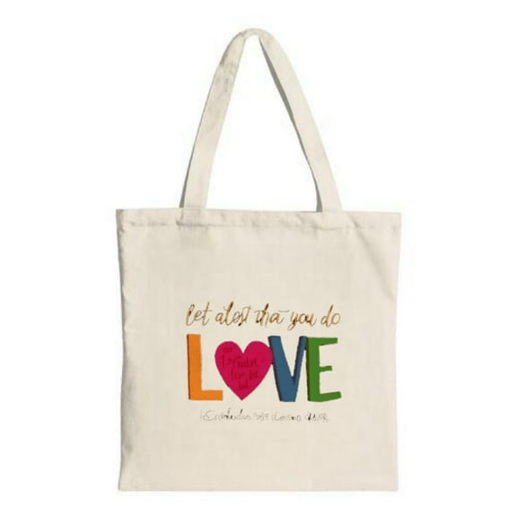 Colorful Canvas Tote Bag with " let do you do LOVE " and heart design perfect for shopping travel and parties Features " Bodie ' s love me "