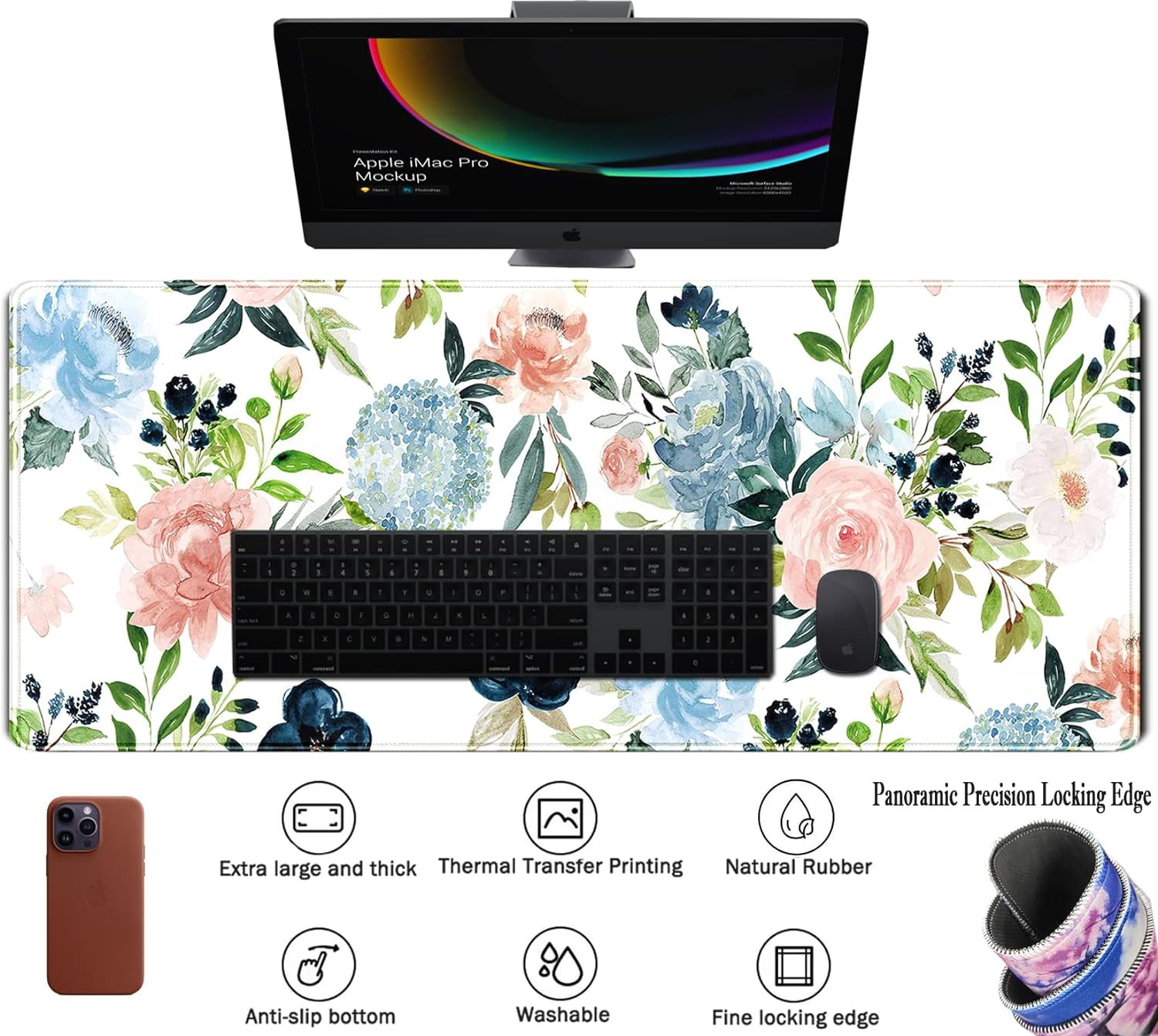 Gaming Green Desk Mat Desk Mouse Pads Purple Blue Pink Floral Mouse Pad Large, XL Big Computer Keyboard Mouse Mat Desk Pad Mat with Stitched Edge for Women Home Office Decor Deskmat 31.5x11.8 in