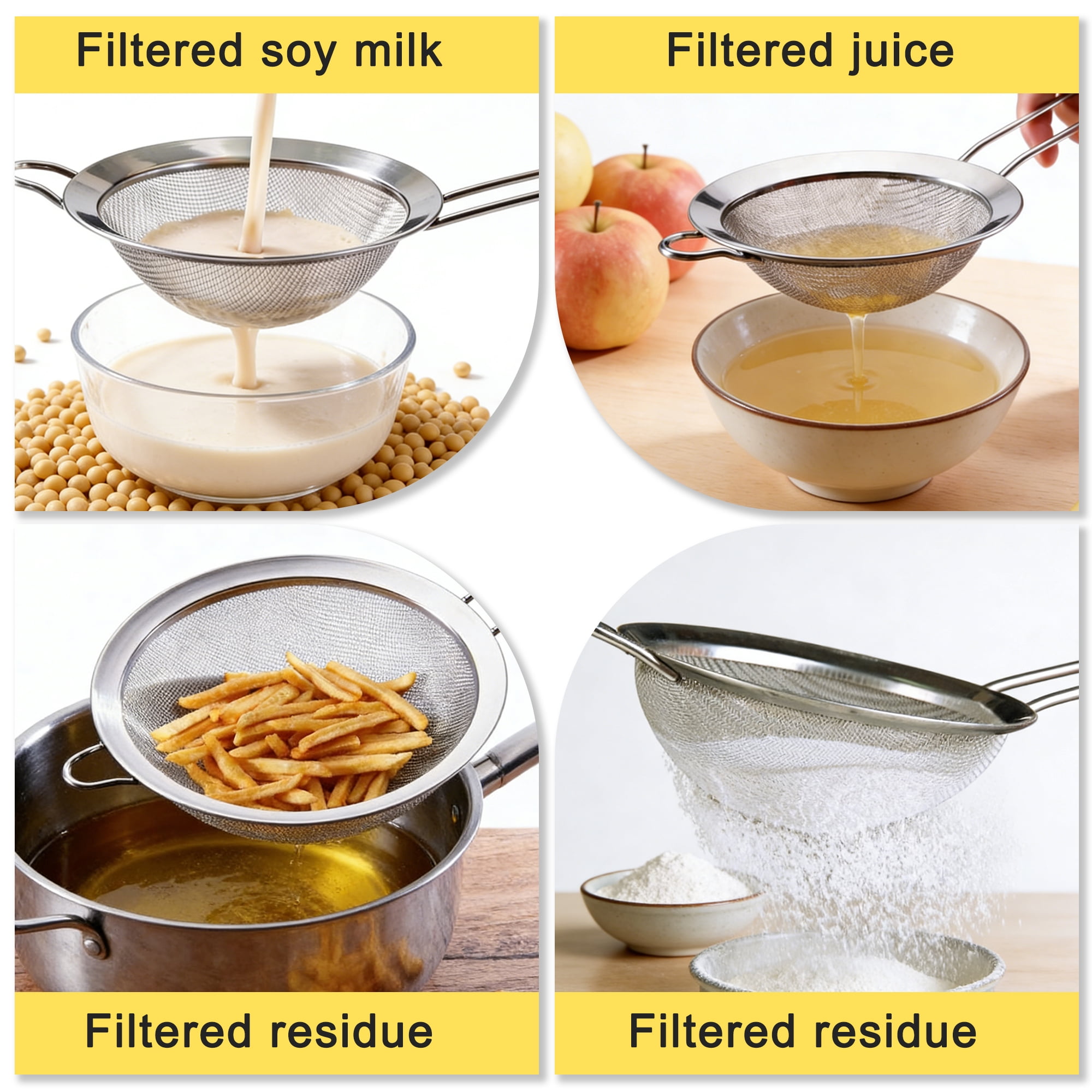 3 Pack Stainless Steel Fine Mesh Strainers, 4/6/8 Inch Kitchen Sieve Colander Set with Handle Hook, Food Strainer for Flour Juice Fruits Cooking