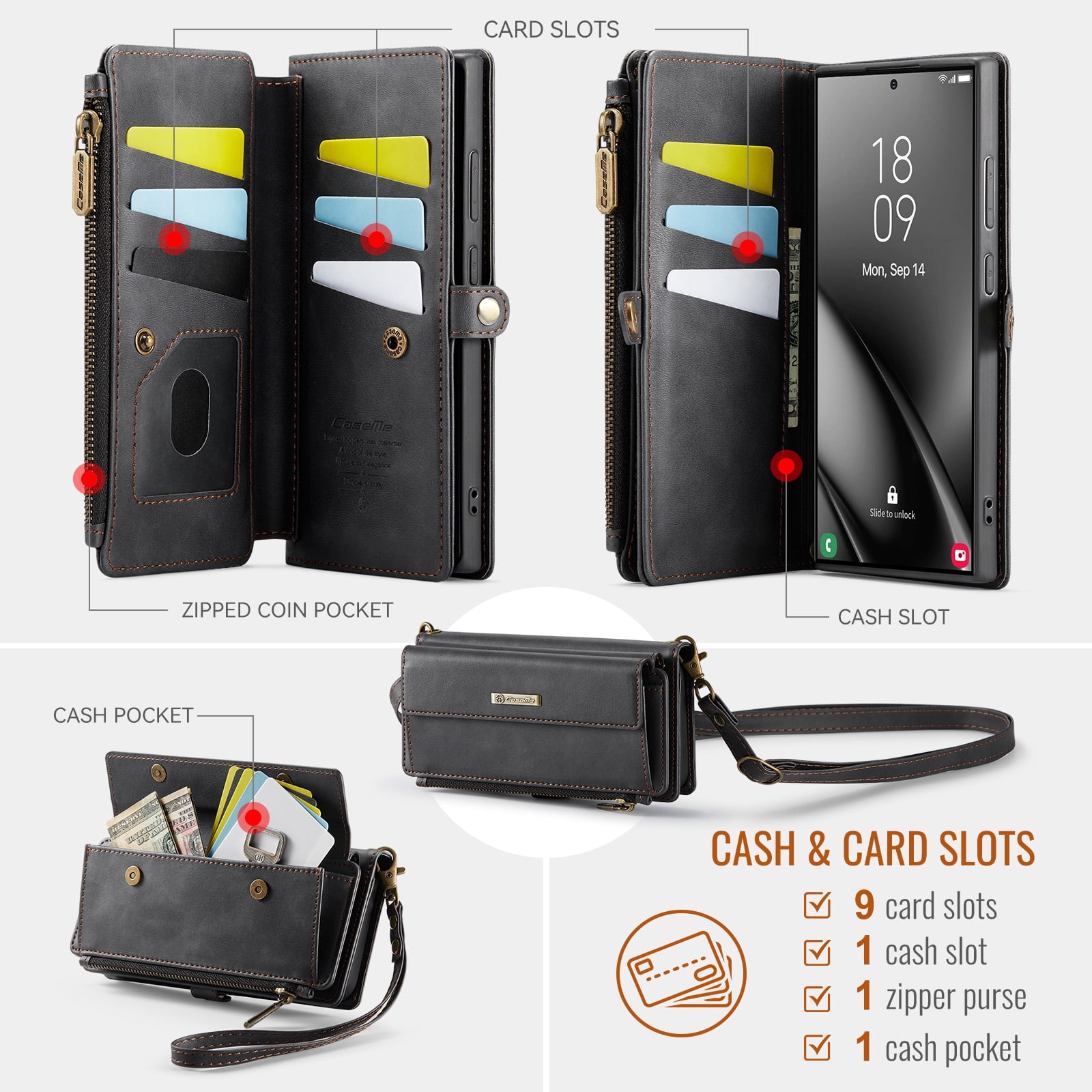 Decase Wallet Case for Samsung Galaxy S25 Ultra,Magnetic Flip Zipper Pocket PU Leather Phone Cover,Crossbody Flip Cover with RFID Card Slots,Black