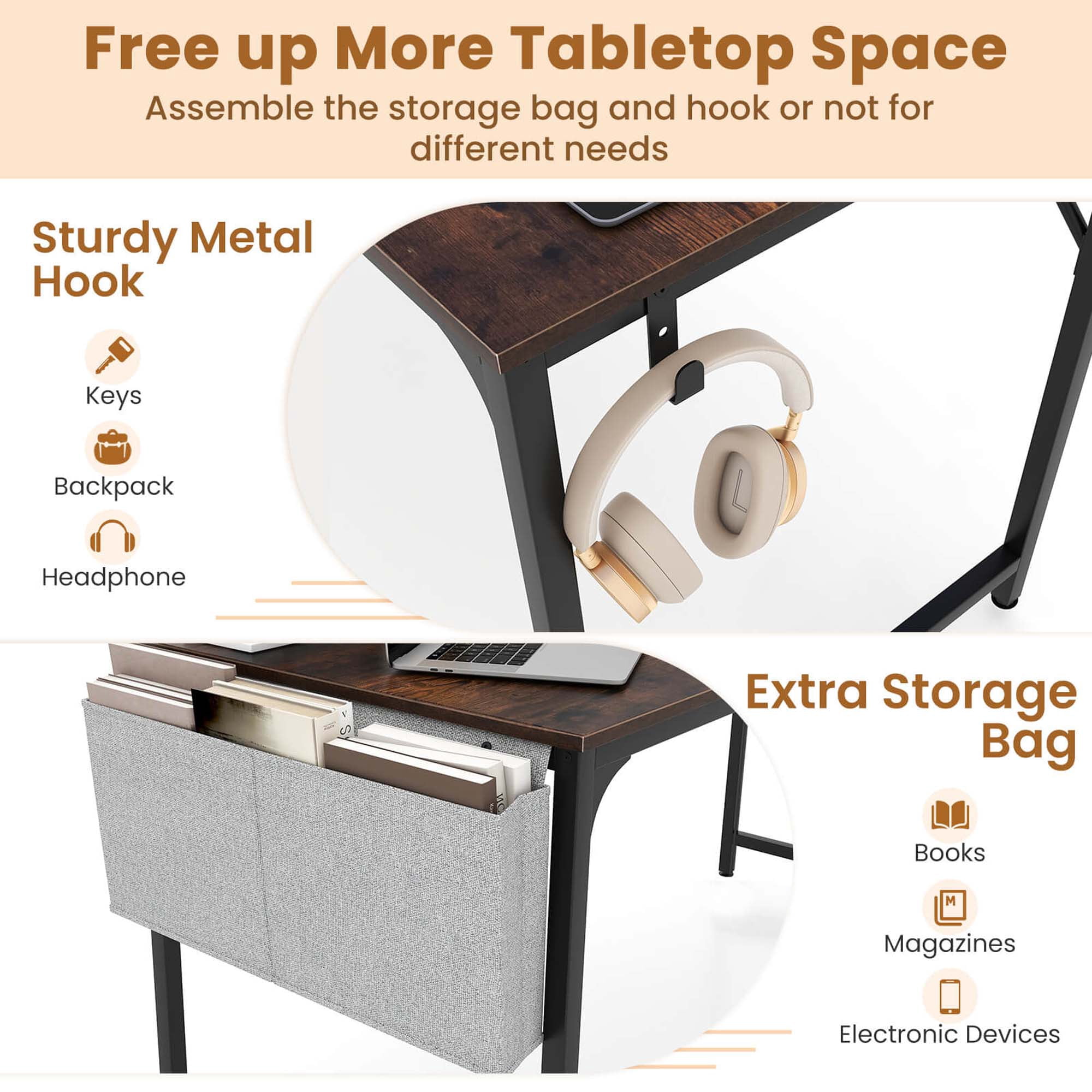 Costway 60" Modern Computer Desk with Charging Station with Storage Bag & Headphone Hook Borwn