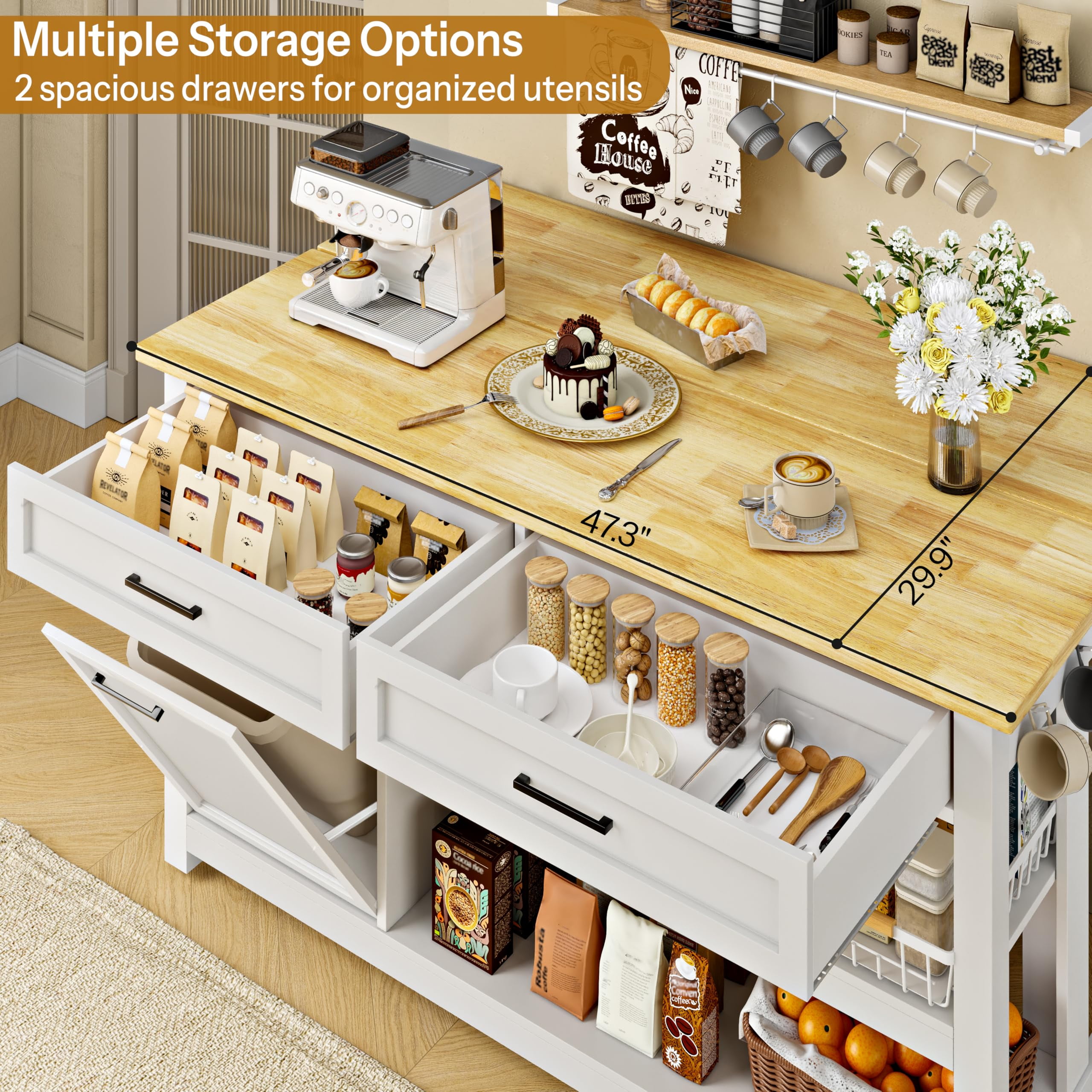 ChicZhiNest Kitchen Island with Seating Include 2 Stools, 47" Solid Rubberwood Dining Table with Power Outlet, 6 Hooks, Kitchen Bar Table Set with 2 Drawers & Open Shelves Storage Cabinet, White