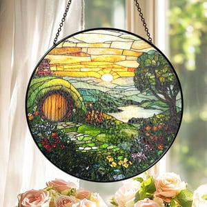 House Stained Glass Suncatcher Hanging Window, Fantasy Home Decor, Gift for L O TR Fans, The Shire Inspired Art, Velaris Stained Glass, 3.5 in