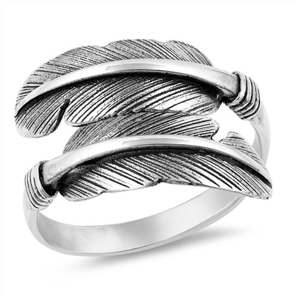 Feather Leaf Oxidized Double Shank Twist Wave Sterling Silver Ring 925 Jewelry Female Male Size 9