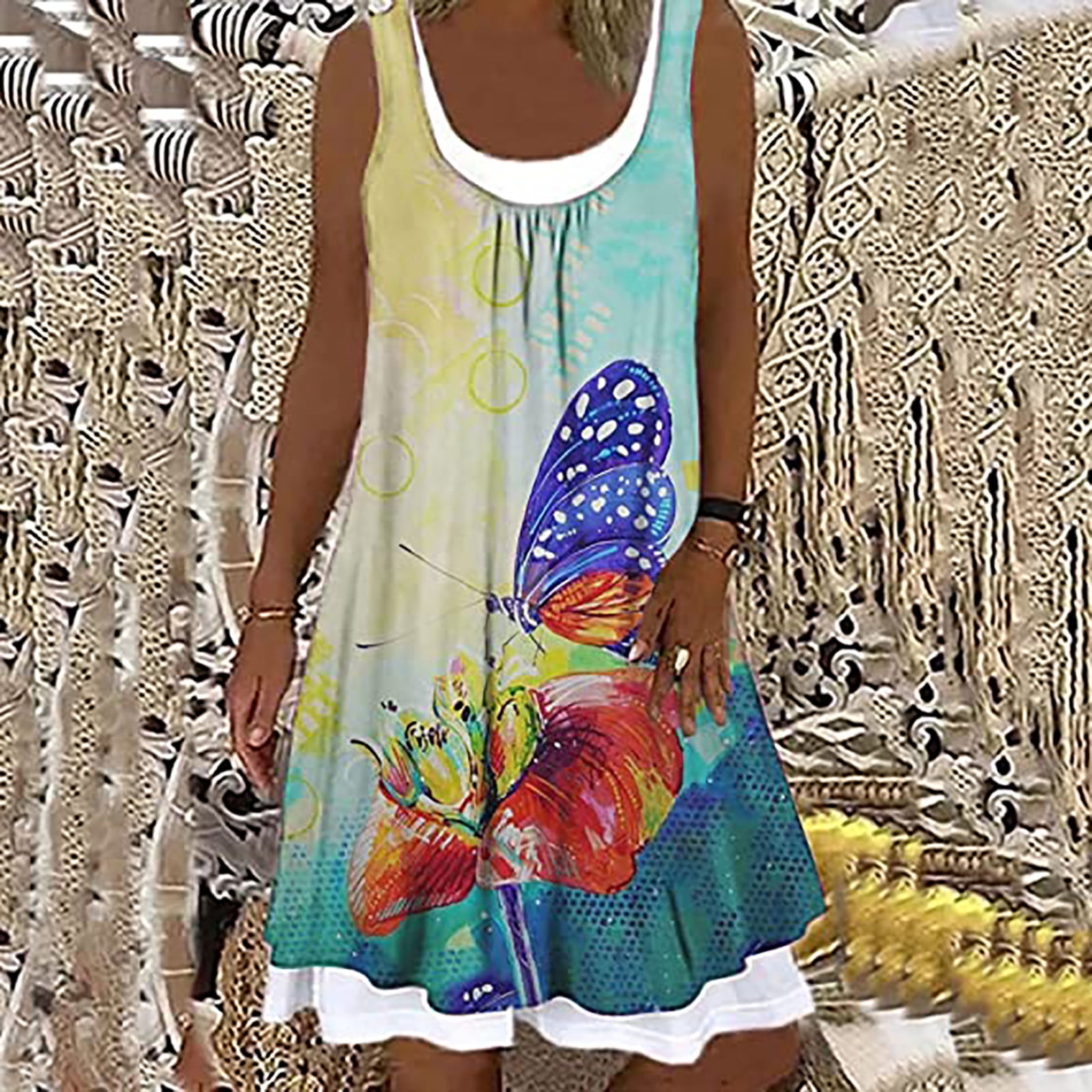 Casual Summer Dress for Women,Round Neck Sleeveless Knee-Length Tank Dress Loose Flowy Splicing A-Line Print Dress 