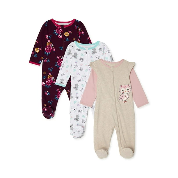 Wonder Nation Newborn Baby Girl Sleep and Play Pajamas, 3 Pack (Pre6/9M)