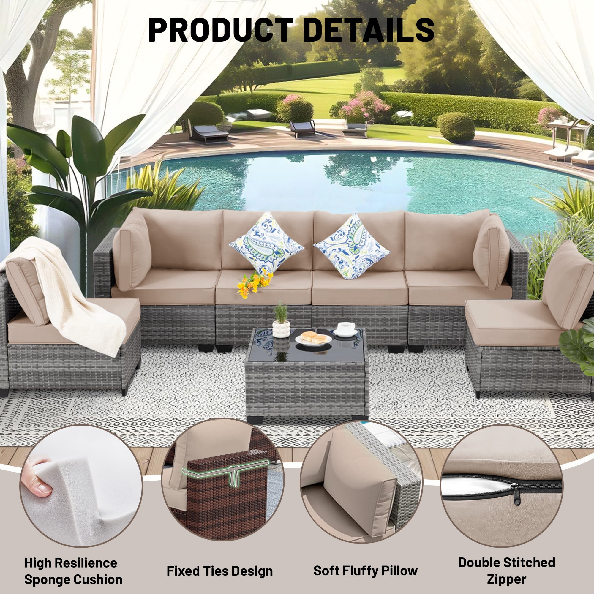 14 Piece Outdoor Replacement Cushions for Patio Furniture, Water-Repellent Outdoor Sectional Cushions for 6 Seat Sectional Patio Conversation Sets, Patio Sofa Cushions for Outdoor Couch