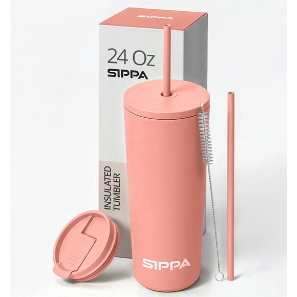 SIPPA 24 oz Leak Proof Tumbler with Straw and Lid – Double Wall Insulated with 2 Lids – Reusable Stainless Steel Water Bottle & Travel Tumbler for Iced Coffee, Tea & Water - Coral Pink