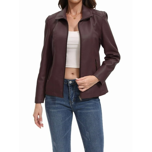 Chaqueta de Piel Sintética para Mujer, Estilo Motociclista, con Cremallera, Ideal para Salir. Café XXL