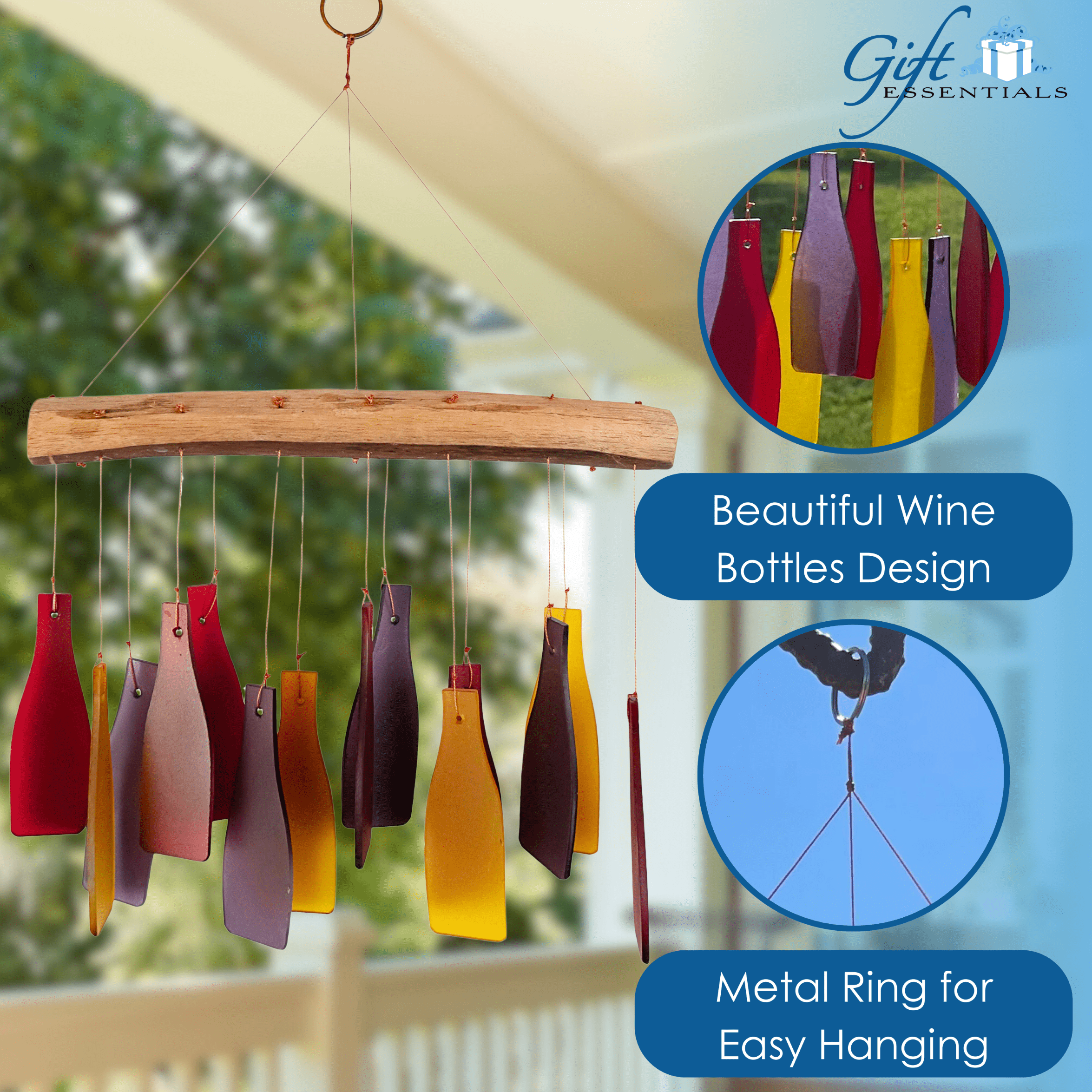 Blue Handworks Wind Chimes Wine Bottles Sandblasted Glass Wind Chime for Outdoor