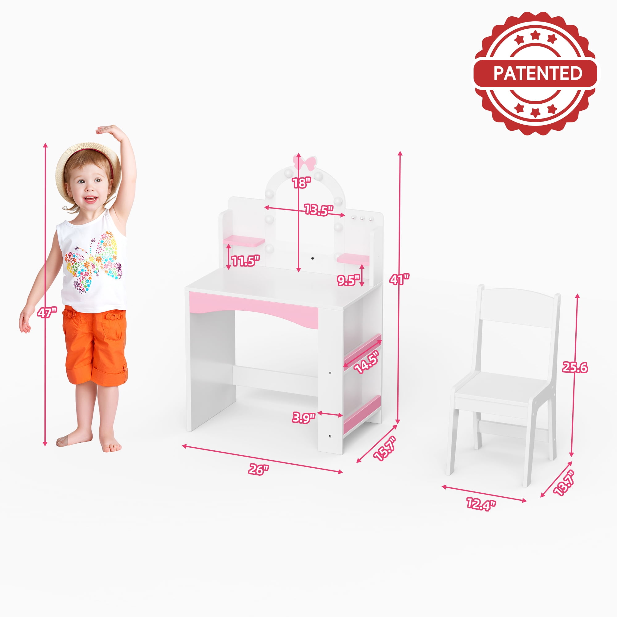 Reasea 1 Piece Kids LED Lights Vanity Desk Table Set White