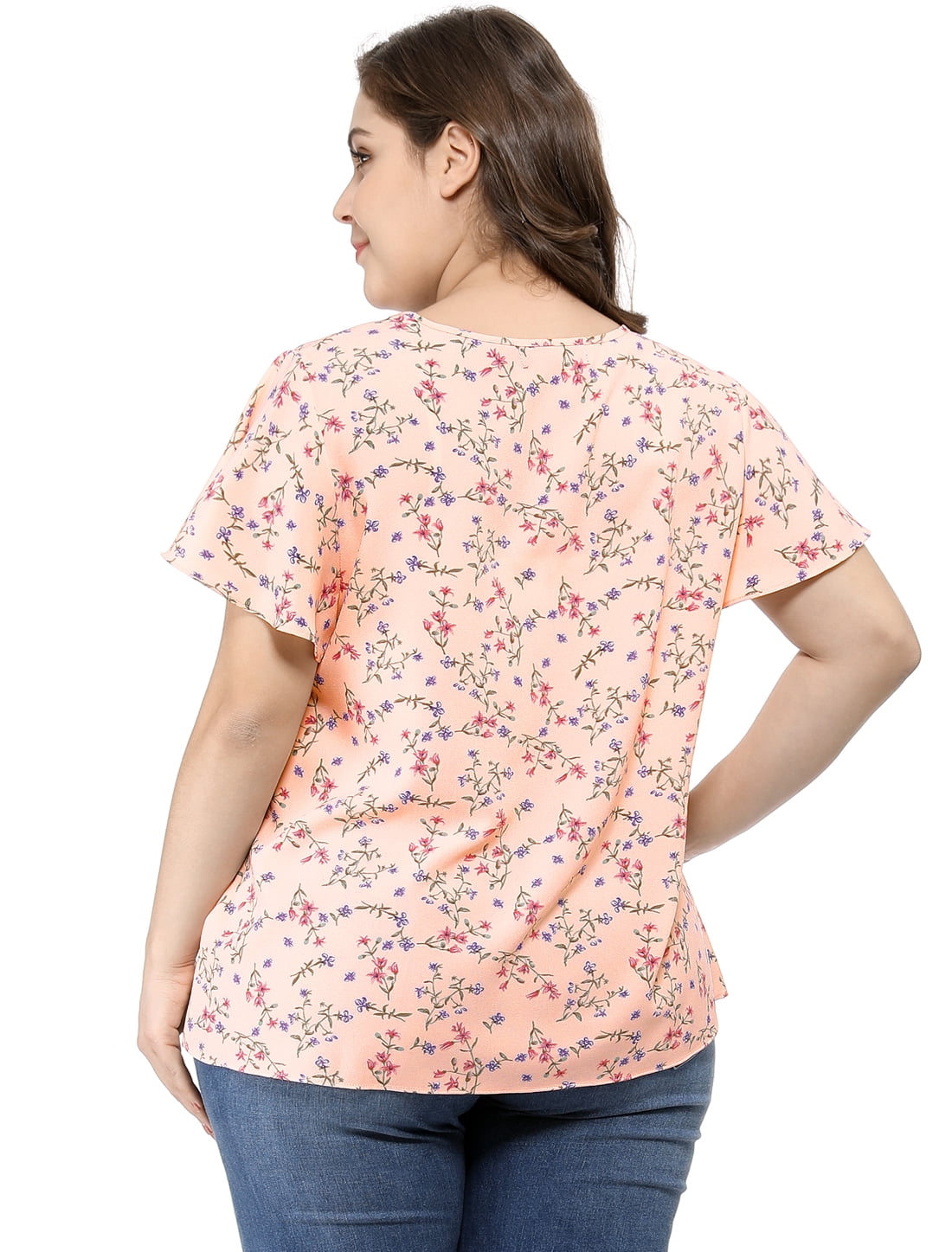 DARING DIVA Women's Plus Ruffle Short Sleeve Keyhole Chiffon Blouse L Pink