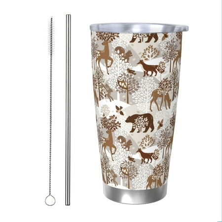 

KLL leaf Moose fox owls tree Print 40oz Stainless Steel Insulated Car Cup with Spillproof Lid - Keep Your Drink Hot or Cold on the Go-Straw Two-piece Set