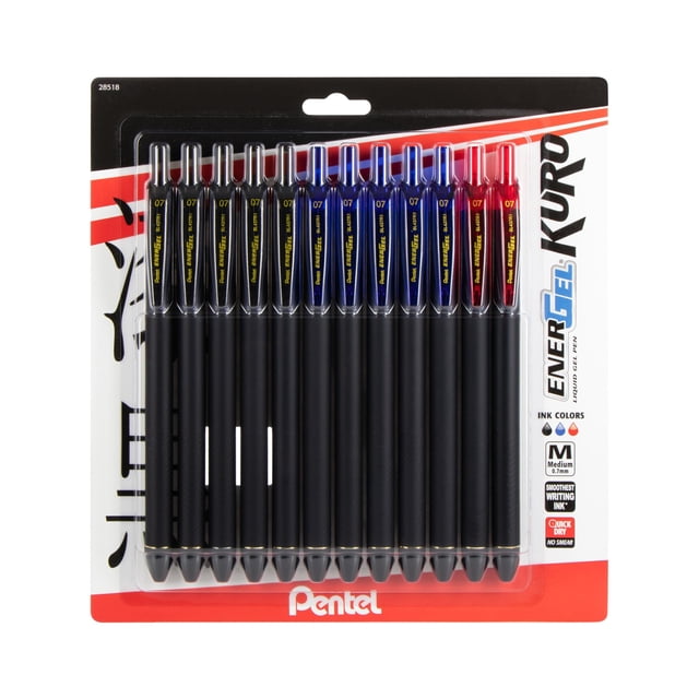Bolígrafo de Gel Líquido Pentel EnerGel Kuro 0.7 mm Línea Media, Surtido, Paquete de 12