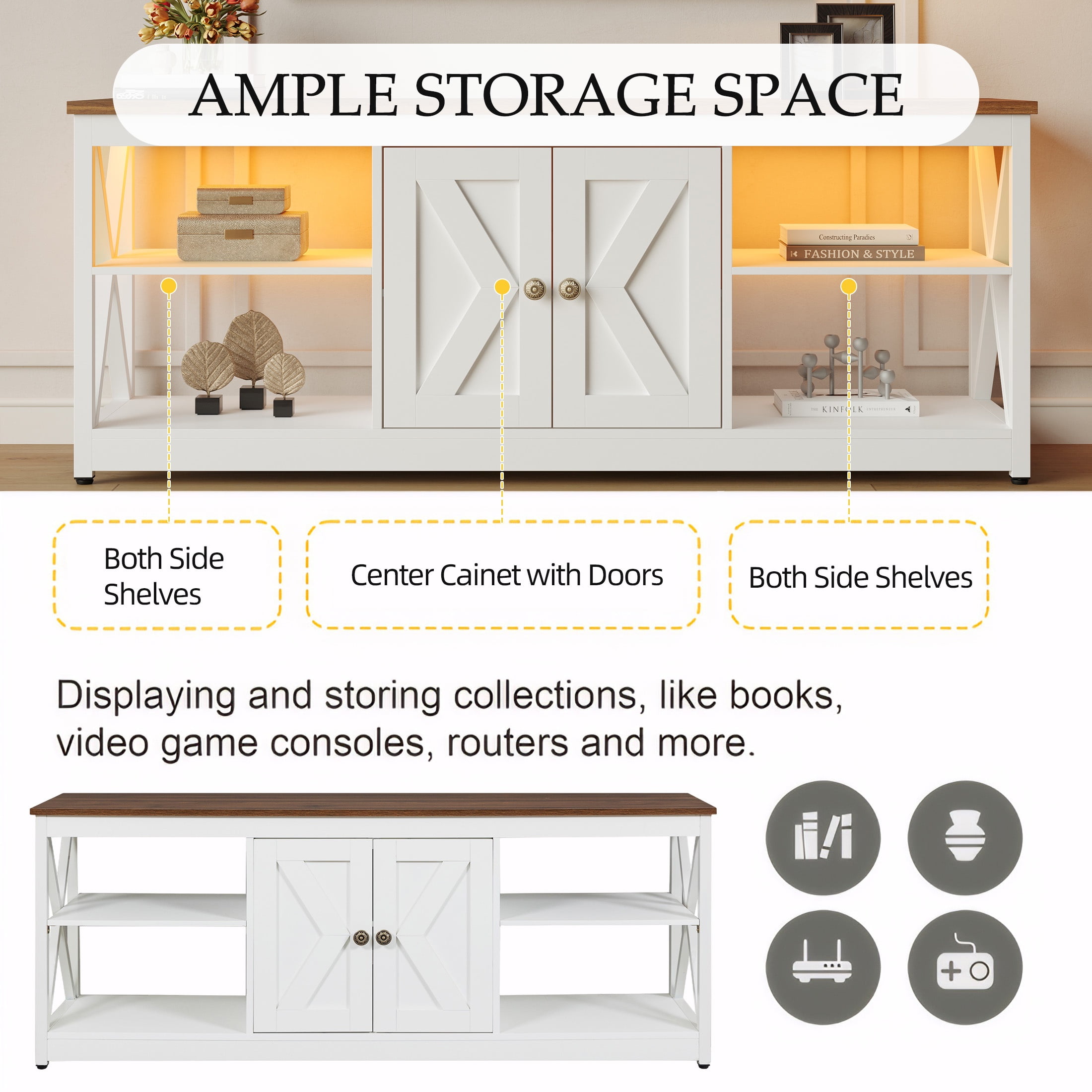 PAPROOS TV Stand for 65 Inch TV, Modern Farmhouse TV Cabinet with LED Light,  Entertainment Centre with Storage Spacefor Living Room,Brown+White