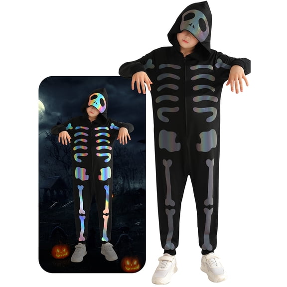 Usaibhir Boys Girls Halloween Skeleton Costume Unisex Comfy Zip Up Jumpsuit Skull Hoodie Cosplay Outfit for Kids 3-12T