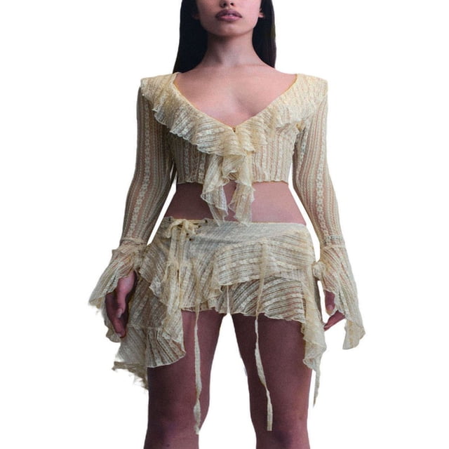 Musuos Women Off Shoulder Sheer Mesh Crop Tops Fringed Irregular Skirt Party Dresses