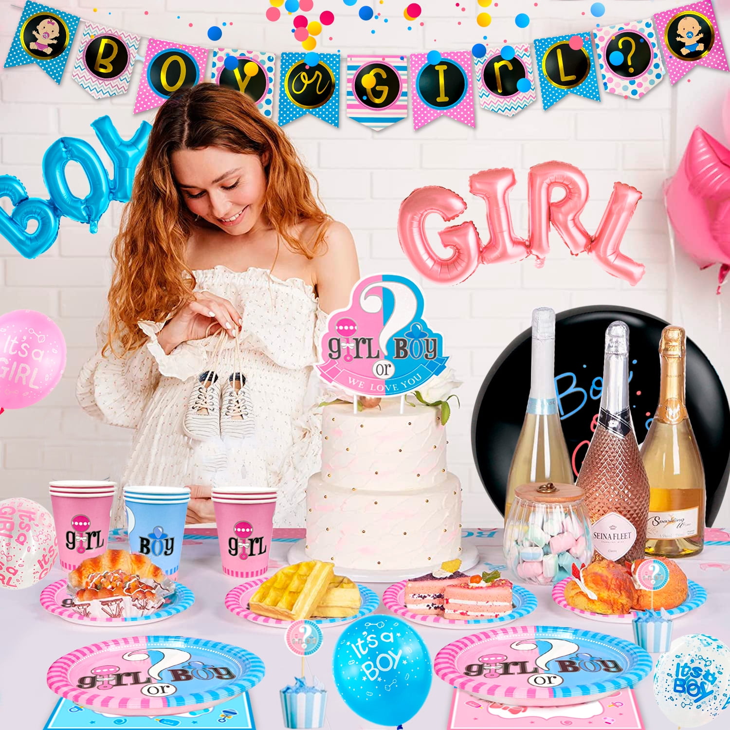 118PCS Baby Gender Reveal Party Supplies Gender Reveal Balloons Boy or Girl Banner, Mommy To Be Sash Baby Gender Reveal DecorationsDecorations Balloons Tablecloth Pennant Cutlery Set & Cupcake Topper