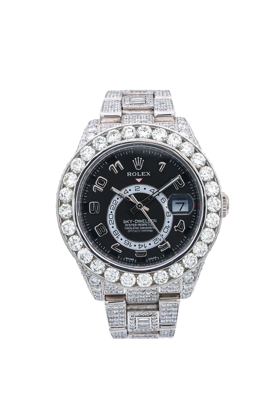 Pre-Owned Rolex Sky-Dweller 42MM 326939 Black Arabic Dial Diamond Bezel 18K White Gold Full Diamond Oyster Bracelet 26.22ct