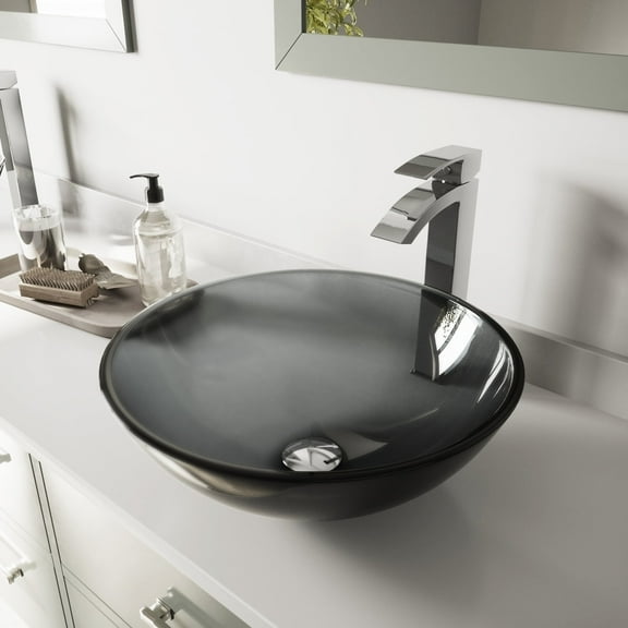 VIGO Glass Round Vessel Bathroom Sink in Sheer Black with Duris Faucet and Pop-Up Drain in Chrome