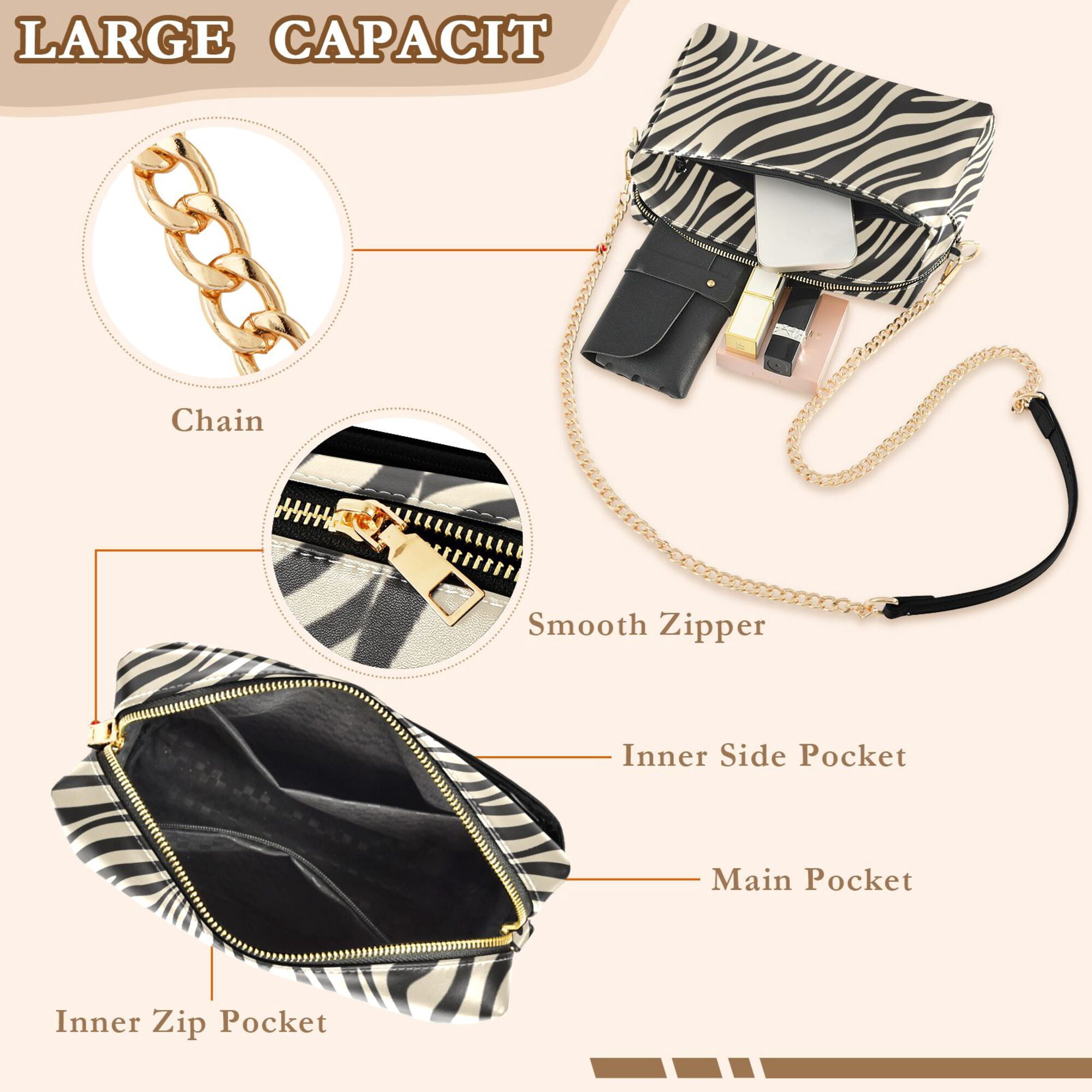 FORMRS Women Crossbody Purse with Chain Strap Vegan Leather Shoulder Handbag, Black Lines