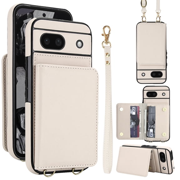Wallet Case for Google Pixel 8a, with Wrist Strap and Shoulder Strap, RFID Blocking Card Slots, Classic Kickstand Magnetic Flip PU Leather Phone Case Cover for Google Pixel 8a, White