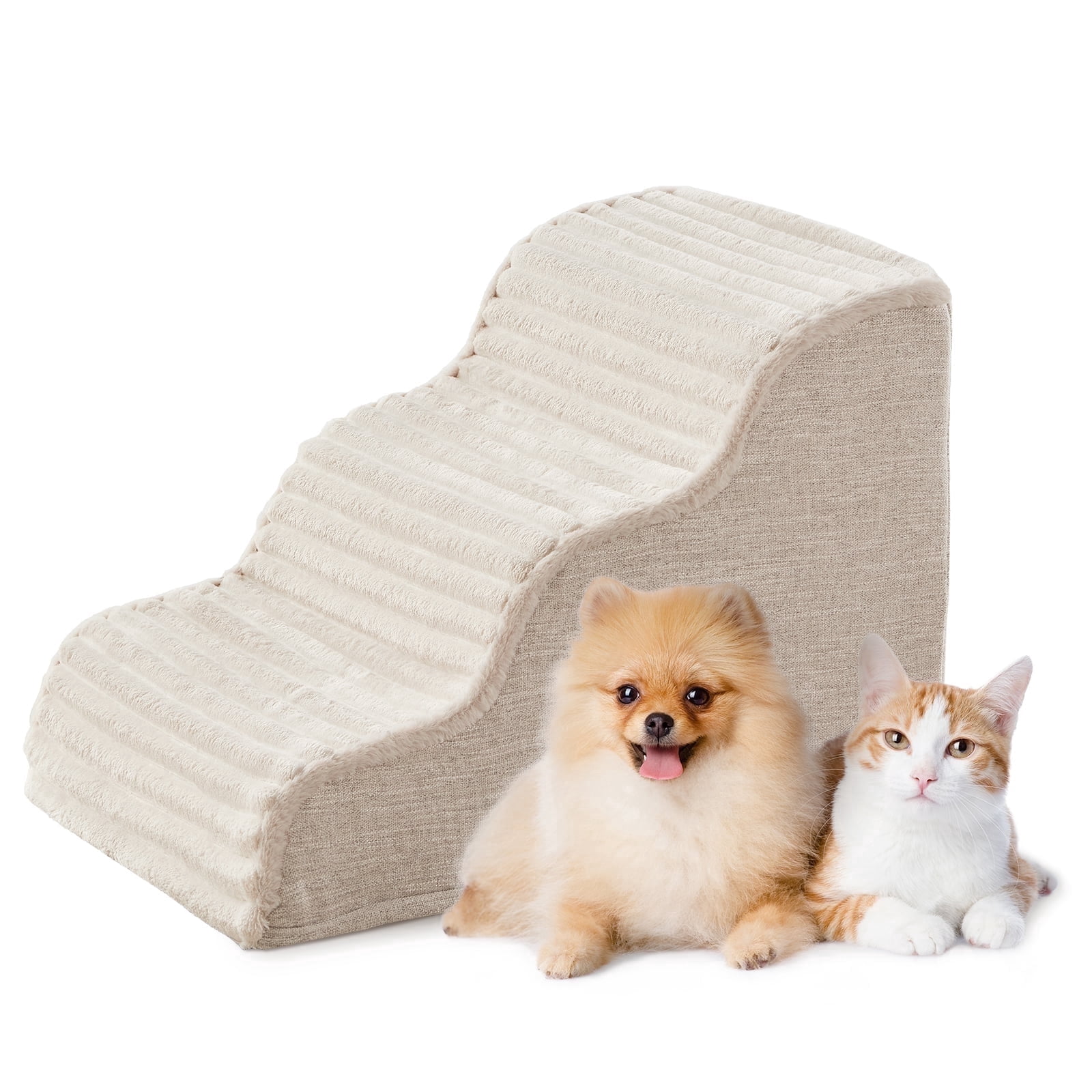 WINDRACING High Density Foam Pet Stairs for Small Dogs & Cats 15.7"H, 3-Step with Non-Slip Bottom & Washable Cover, Beige