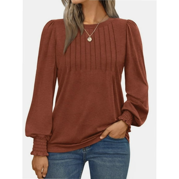 Womens Long Sleeve Tops Dressy Casual Shirts Pleated Crewneck Basic Blouses Fall Trendy Outfits