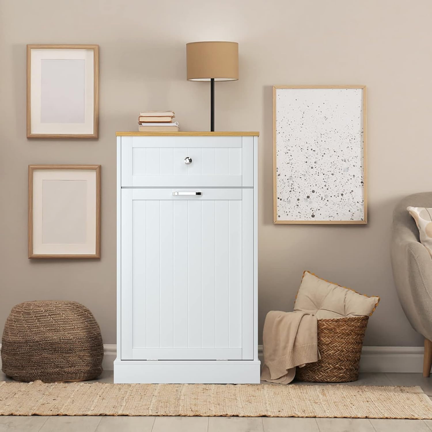 Reliancer Tilt Out Trash Can Cabinet with Hideaway Drawer, 10 Gallon Kitchen Free Standing Storage Can Holder Garbage Recycling Cabinet for Kitchen, White