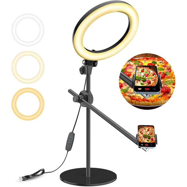 LUXSURE Anillo de luz para escritorio con soporte, soporte para cámara/teléfono con luces de anillo de 10,5 pulgadas para iPhone, trípode para teléfono con iluminación ajustable para grabación de víde