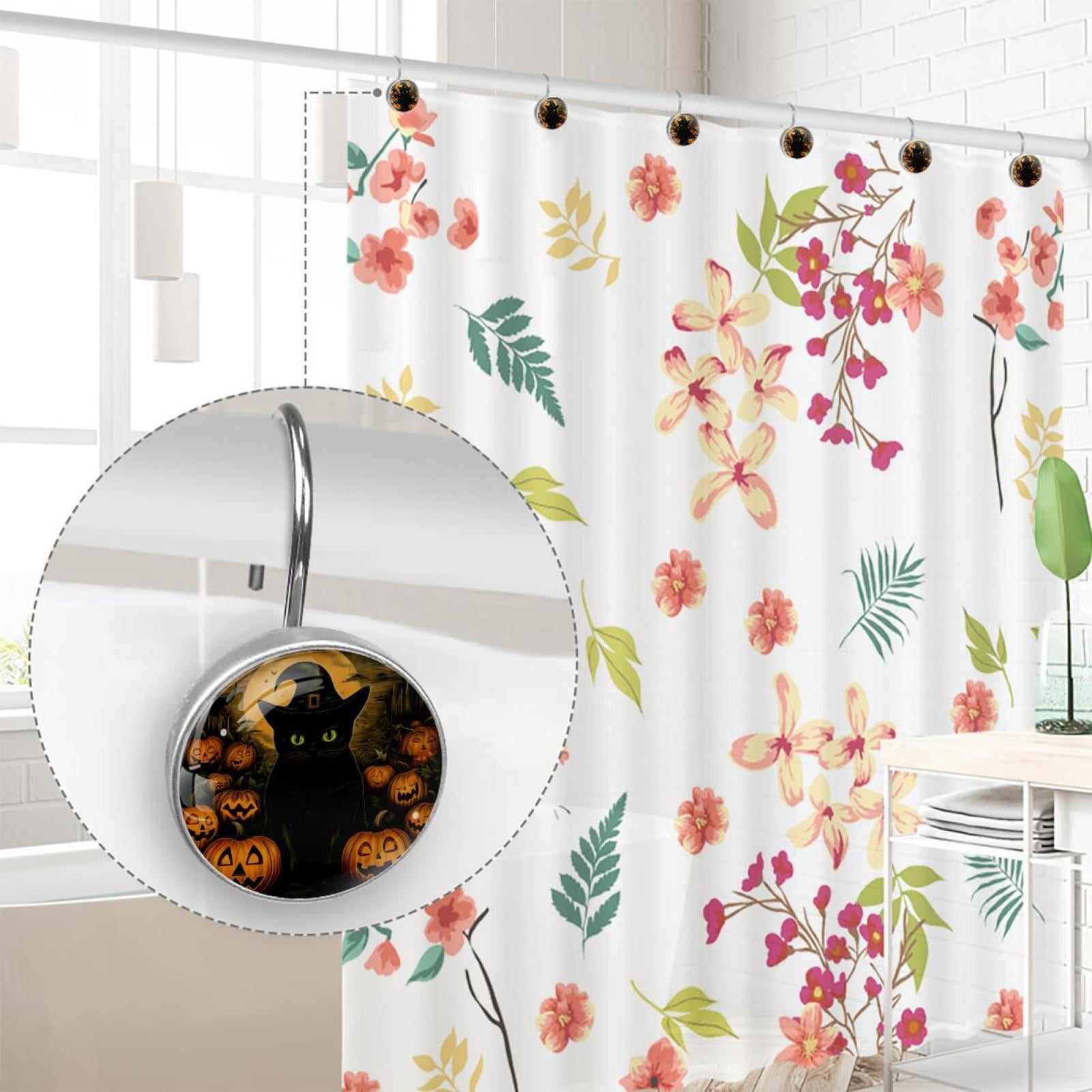 12pcs Decorative Shower Curtain Hooks, Rust Resistant Shower Rings for Bathroom Living Room,Rustproof Stainless Steel Rings for Shower Curtain and Liner Rods,Halloween Cat S