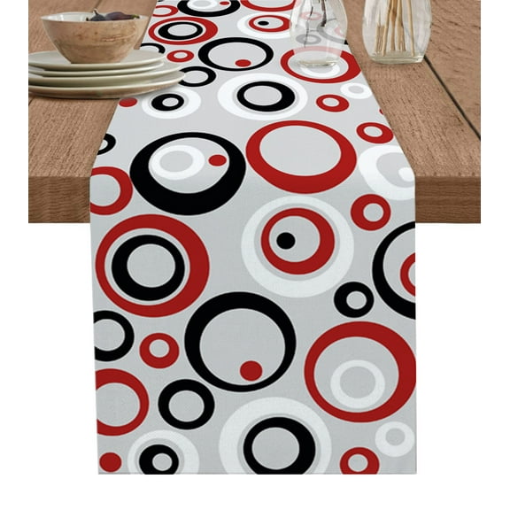 Table Runner Dresser Scarves 90 Inch Long, Red Black White Round Circle Linen Dining Table Runners Modern Geometric Art on Grey Tabletop Scarf for Wedding Holiday Party Kitchen