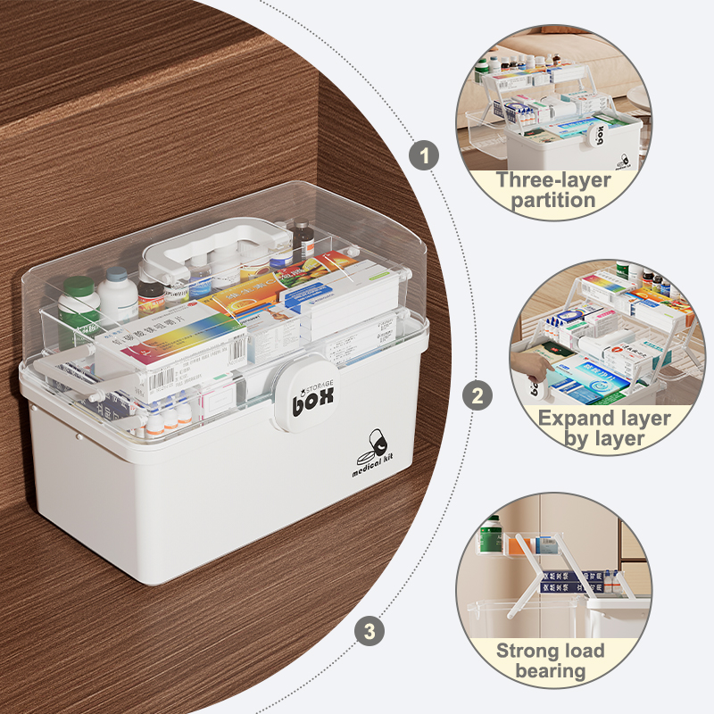 3-Tier Medicine Box Organizer, Large Capacity with Transparent Lid & Lock, Portable Medication Organizer for Home and Travel Use, 7.28"L x 13.38"W x 9.44"H