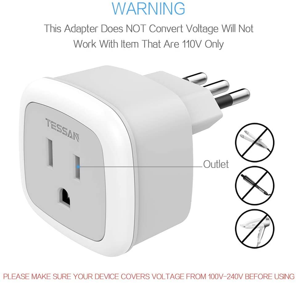 2 Pack Italy Power Adapter,TESSAN Type L Italian Travel Outlet
