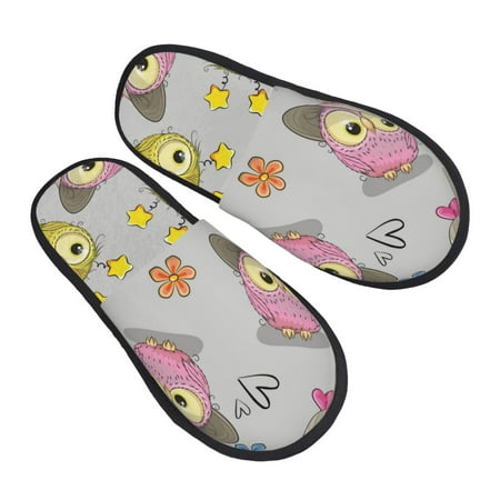 

KLL Cartoon Owls Slippers for Women Men House Slip on Indoor Outdoor Bedroom Furry Fleece Lined Ladies Comfy Anti-Skid Rubber Hard Sole-Medium
