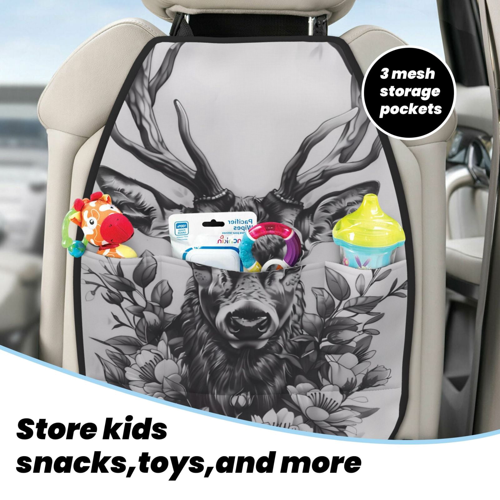 Kdxio Monochrome Deer Floral Print 2 Pack Car Kick Mat Seat Cover Back Protector Mat with Pockets for Organizer Backseat Protector and Storage Anti Kick Pad for Vehicles