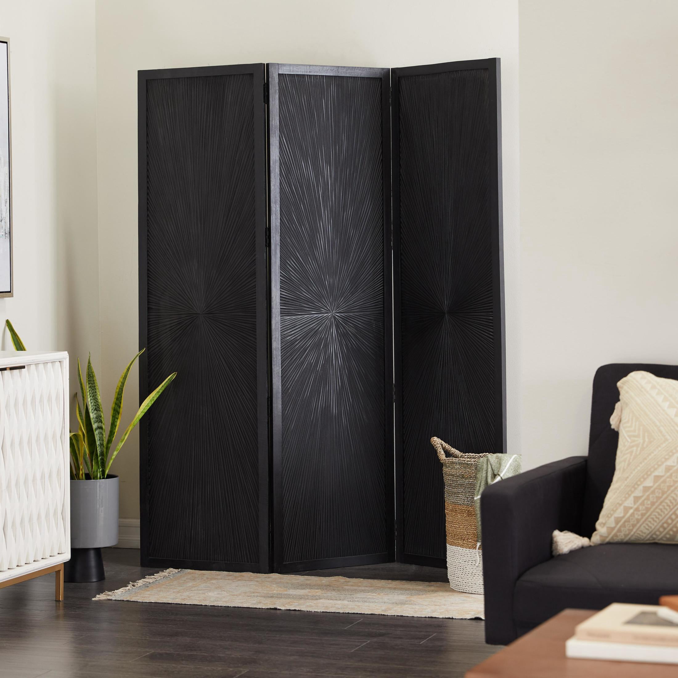 DecMode 59" x 70" Black Mango Wood Foldable Partition 3 Panel Room Divider Screen with Carved Design, 1-Piece