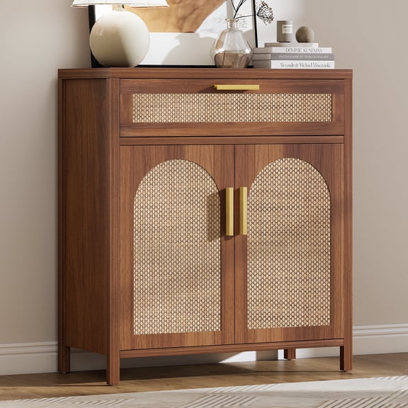 Sideboard Buffet Cabinet with Rattan Doors, Kitchen Storage Cabinet with Drawers and Adjustable Shelves for Dining Living Room, Walnut