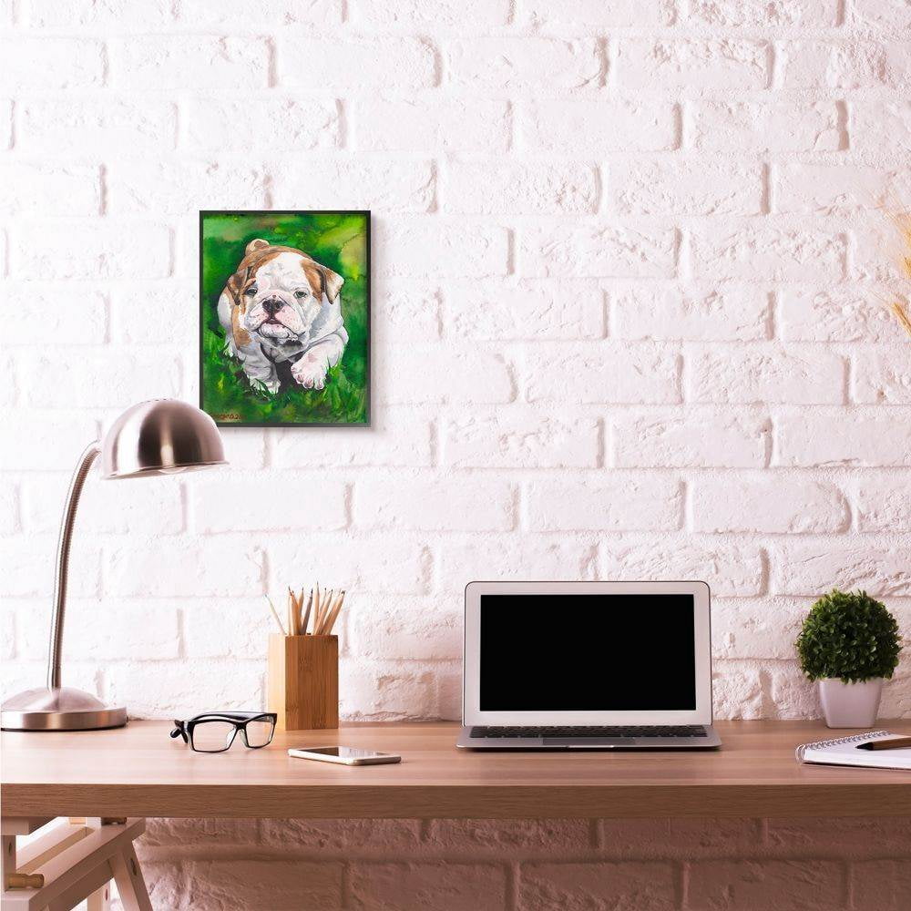 Stupell Industries English Bulldog Puppy Dog Pet Animal Watercolor Painting Framed Giclee Texturized Art by George Dyachenko