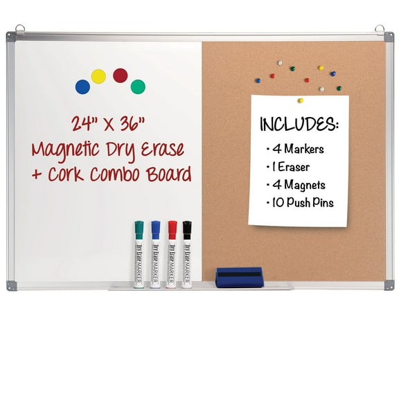Excello Global Products Hanging Combination Board (Cork and Dry Erase) 24" x 36" w/ Markers, Magnets and Pins (EGP-HD-0529)