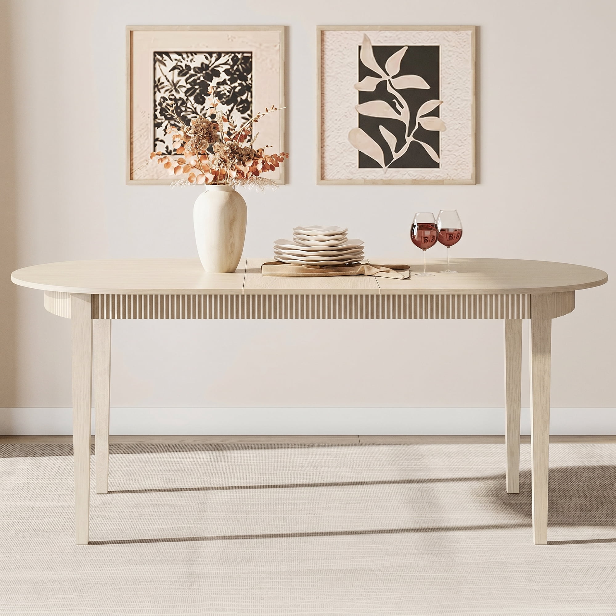 Round Dining Table for 4-6, 72.9in Long Large Kitchen Table with Fluted Apron, 7.4 Ft Modern Kitchen Table With Sturdy Wooden Frame Dinner Tables for Dining Room, Kitchen, Living Room,