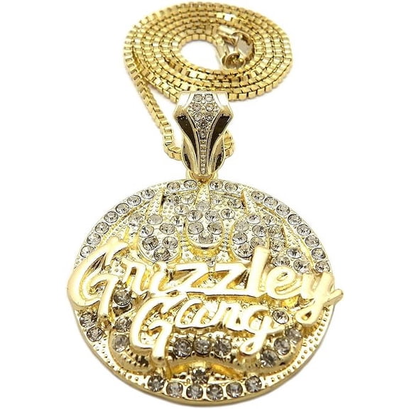 Hip Hop Iced Gold Plated Cubic Zirconia Grizzley Gang Pendant & 3mm 24" Box Chain Necklace Set Luxury Gift