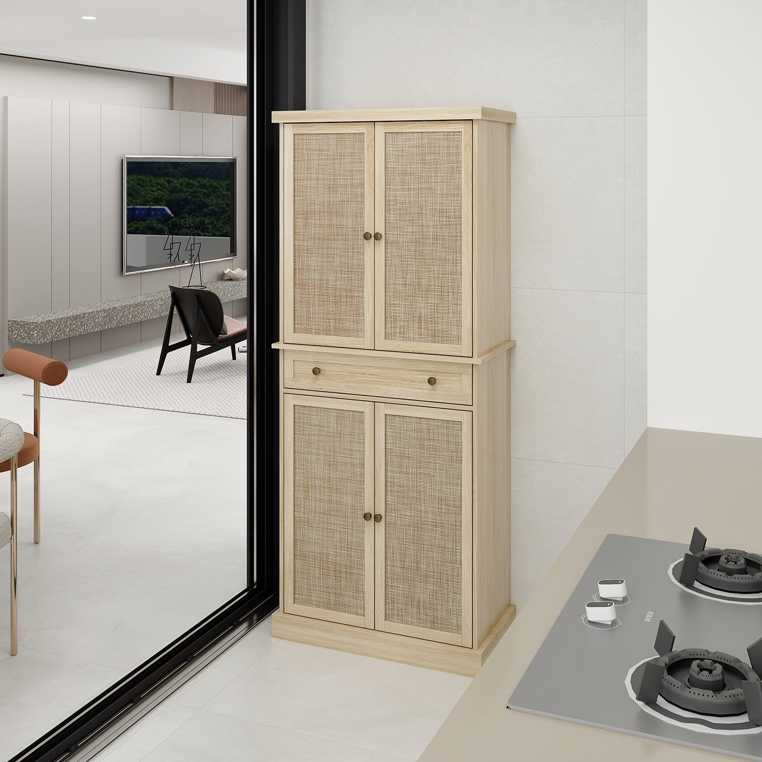 Kadyn 72" Tall Kitchen Pantry, Kitchen Storage Cabinet with 4 Door and 1 Drawer, Floor Storage Cabinet for Living Room, Natural