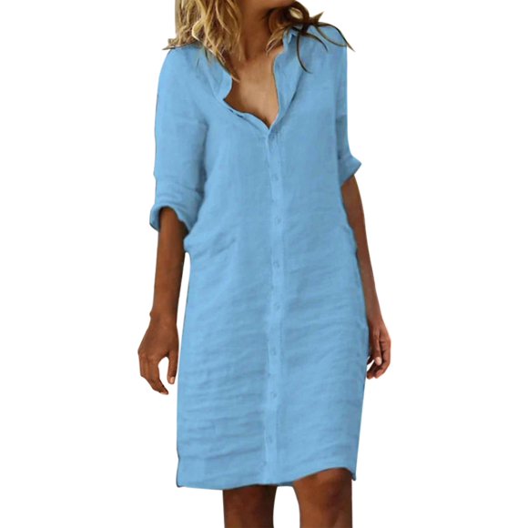 GDREDA Elegant Women's Casual Long Dress with High Waist Tie and Comfortable Round Neck Design Blue,S
